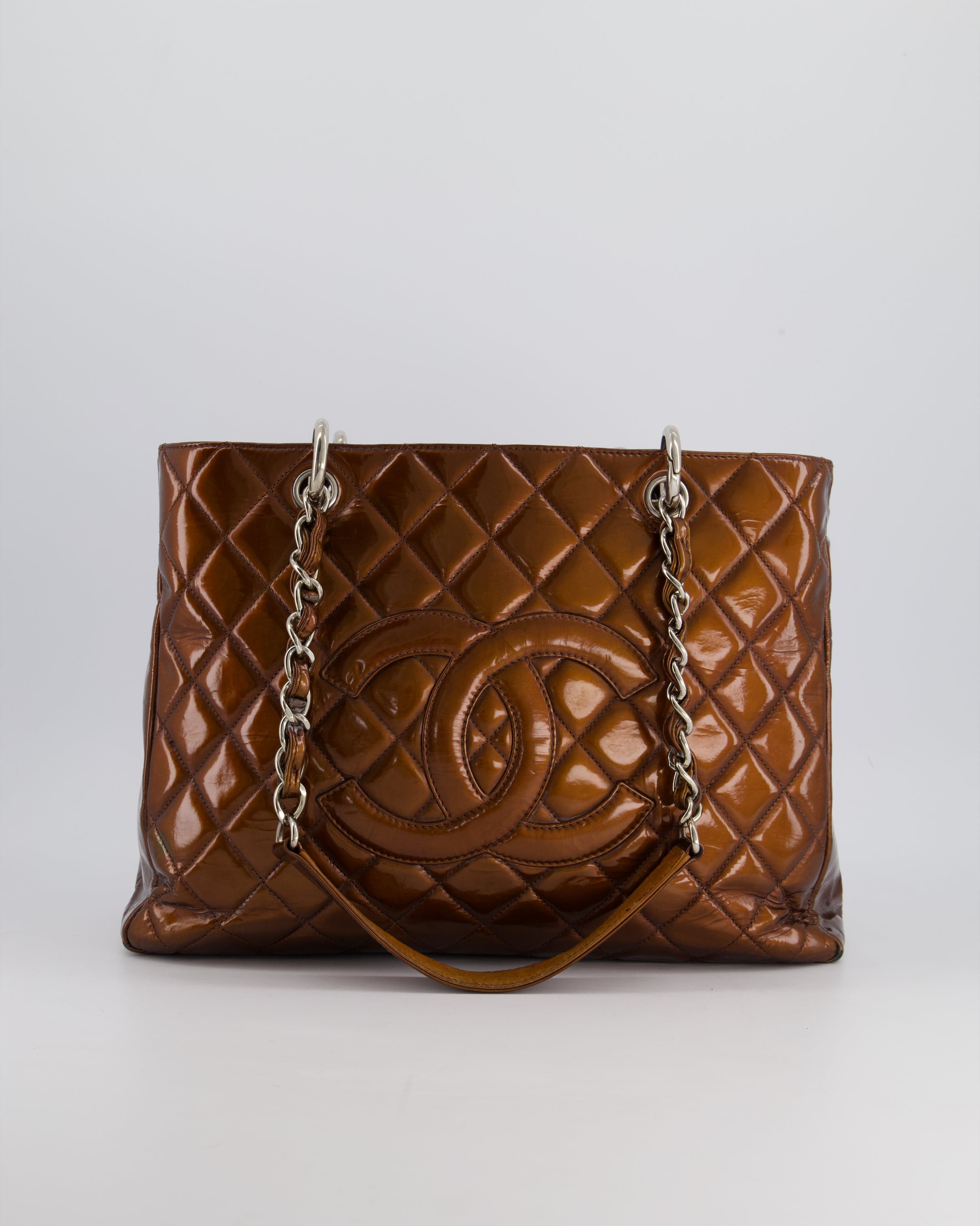 image of Chanel Bronze GST Grand Shopper Tote Bag in Patent Leather with Silver Hardware