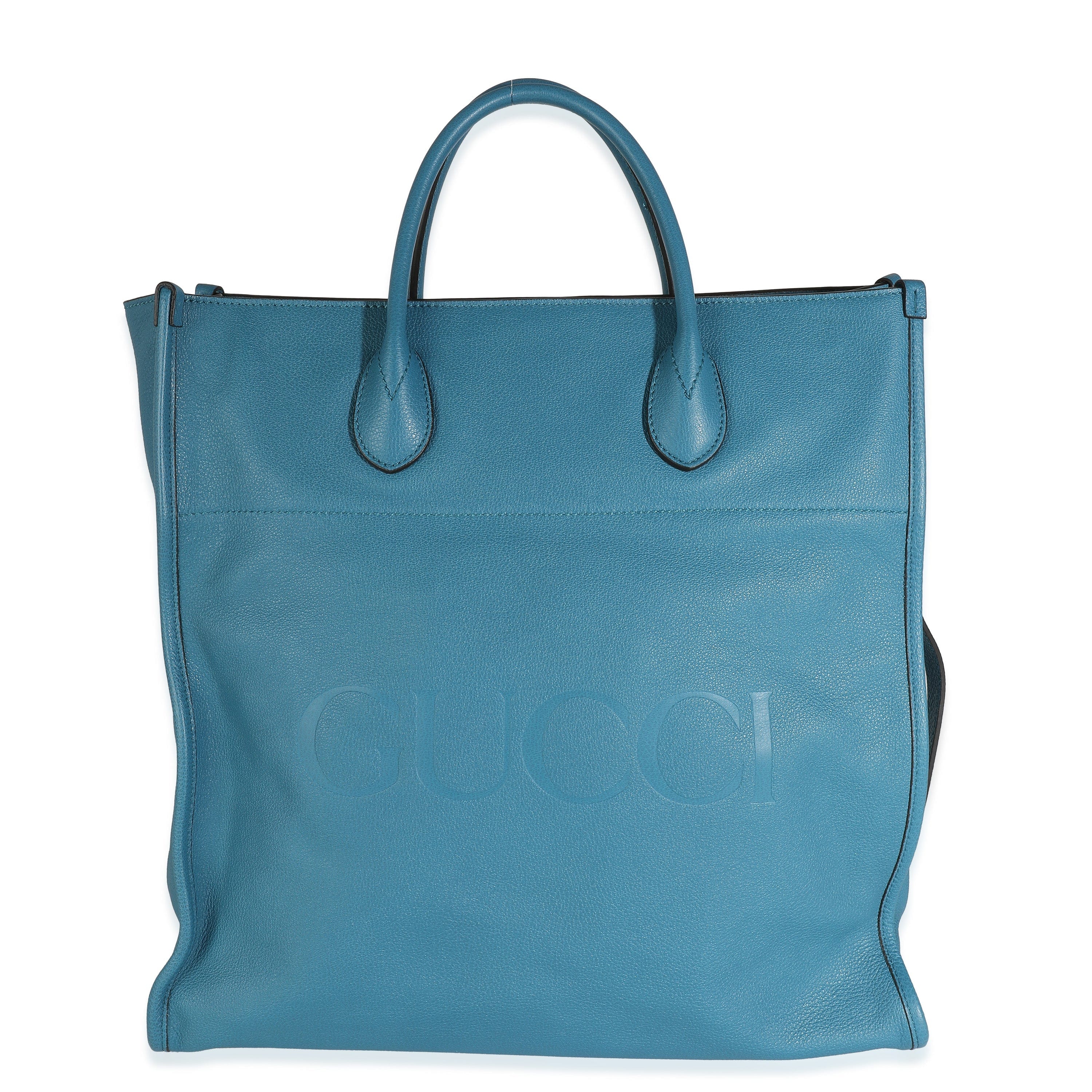 image of Gucci Blue Leather Logo Embossed Shopper Tote