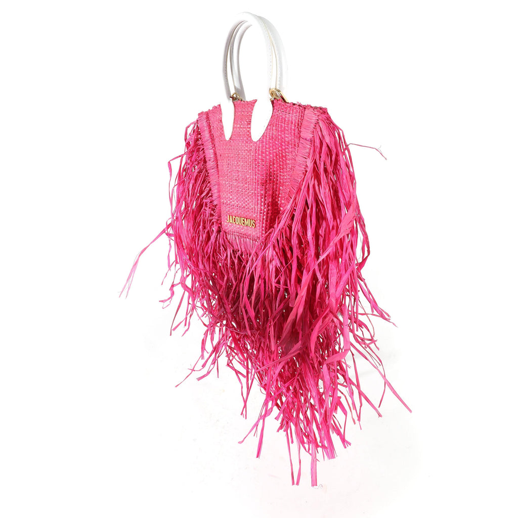 Jacquemus White Leather Pink Straw Fringed Le Petit Baci Bag ...