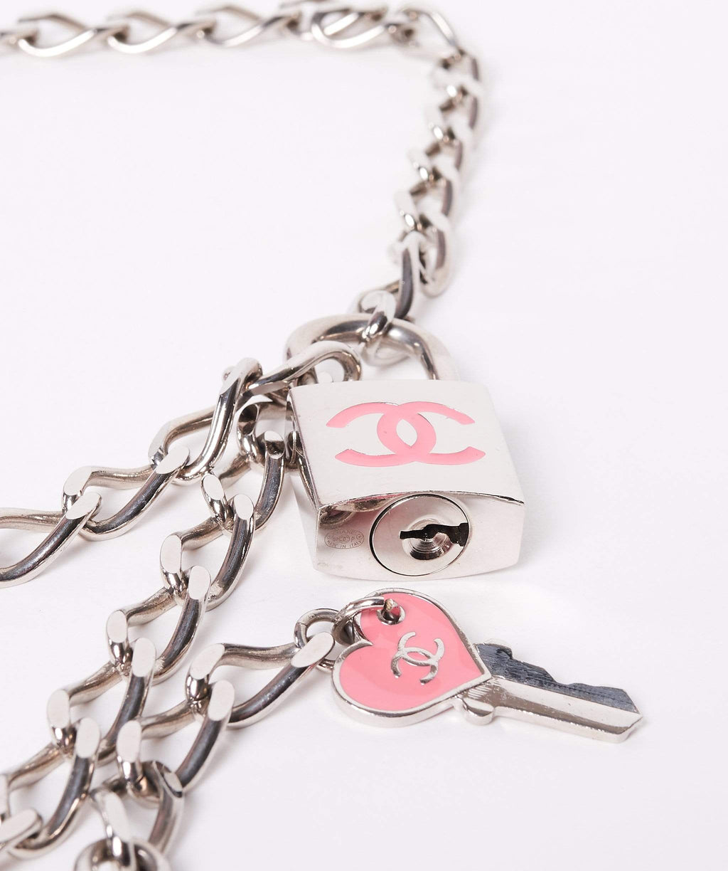 CHANEL Padlock and Key CC Necklace Silver Pink 447131  FASHIONPHILE