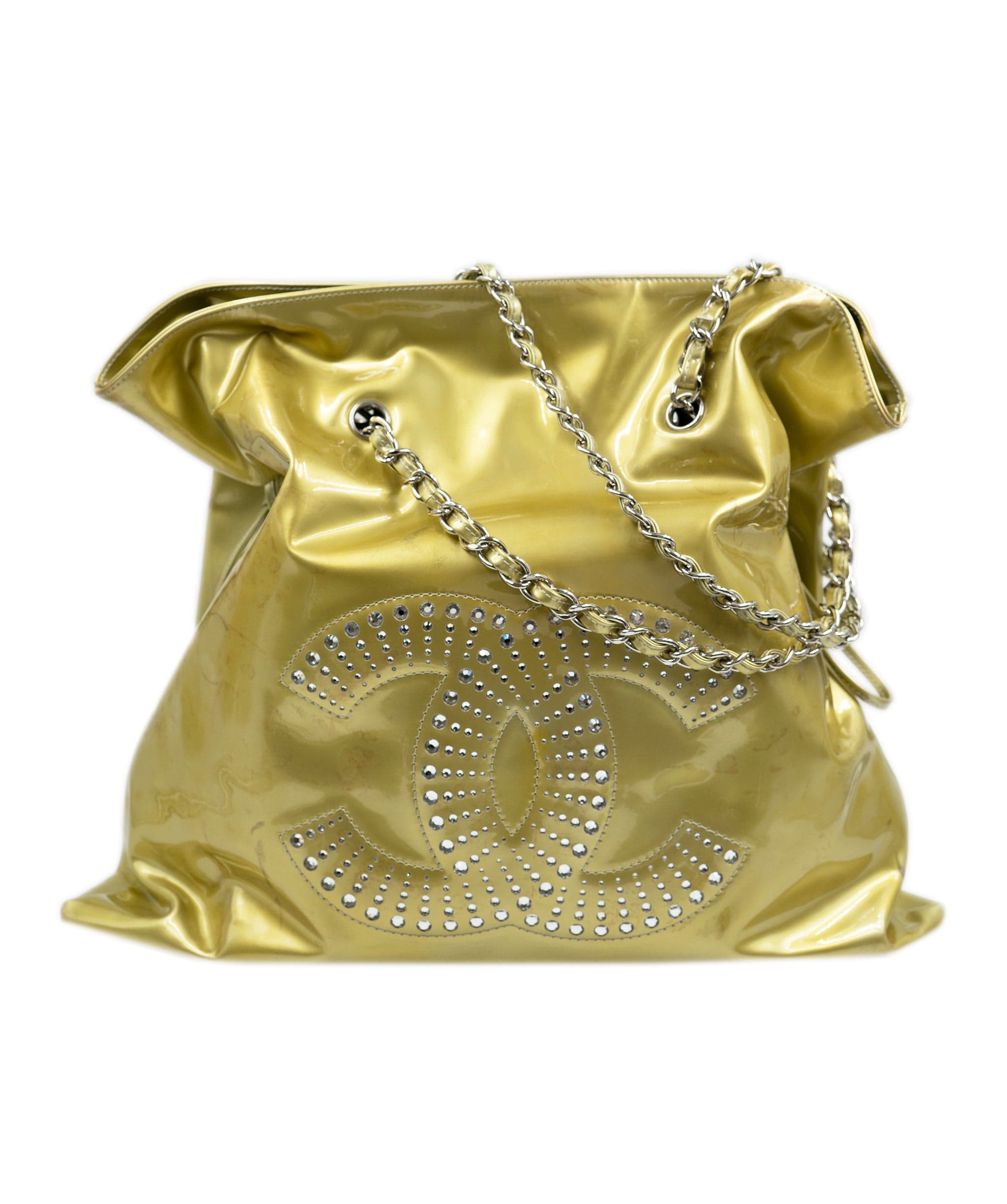 Image of Chanel vinyl gold tote bag with large CC logo crystal diamante detailing. AGC1371