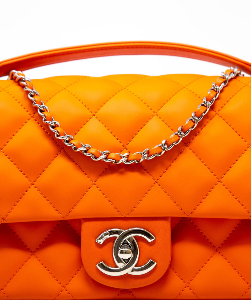 CHANEL Small Classic Double Flap Shoulder bag  Orange Yellow  Silver  Hardware Vintage  Preowned luxury Preloved Lux Canada  Unicorn color Rare