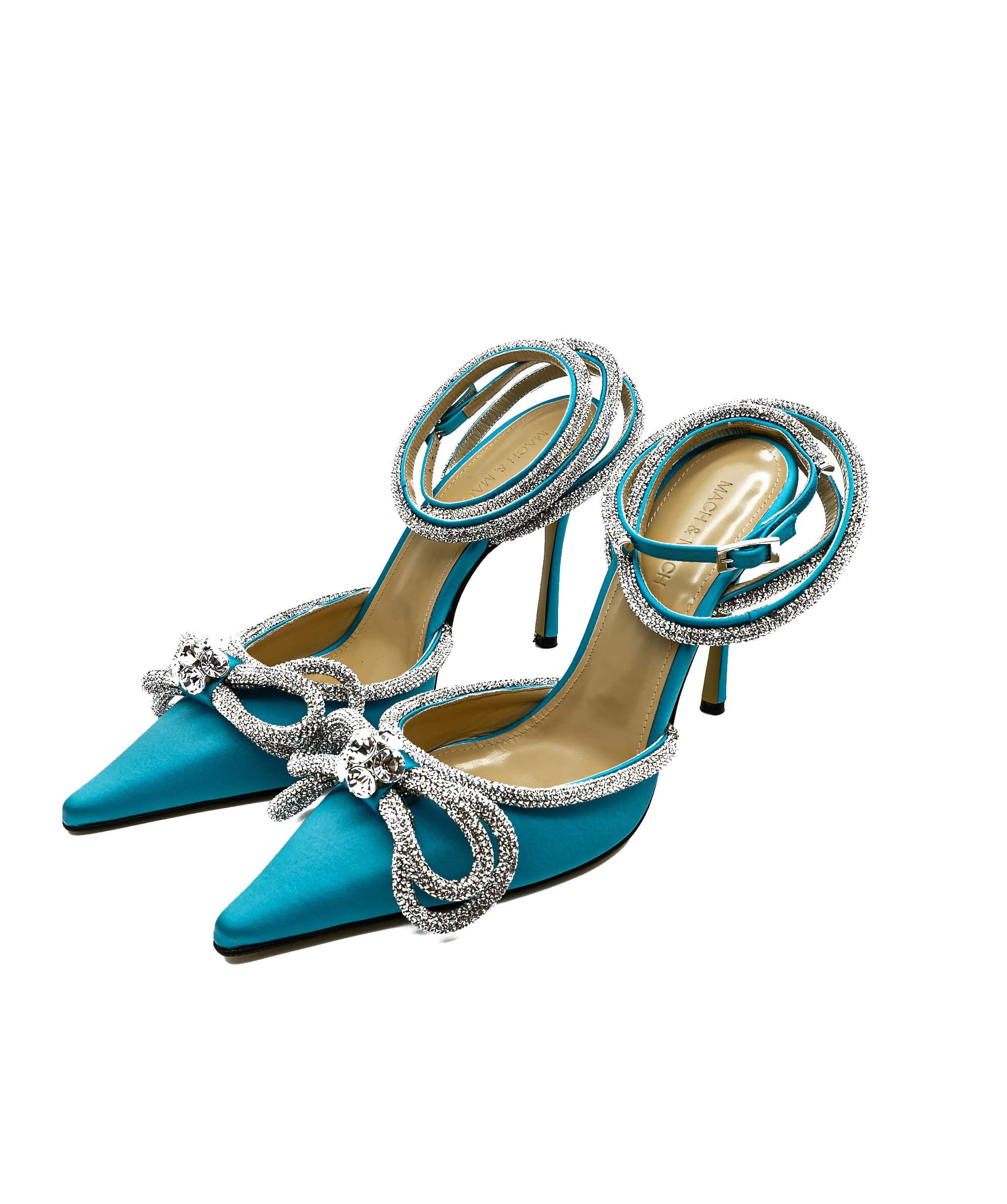 image of Mach & Mach Double Crystal Bow Pumps in Silk Satin 39 EU Colour Blue - ASL1642