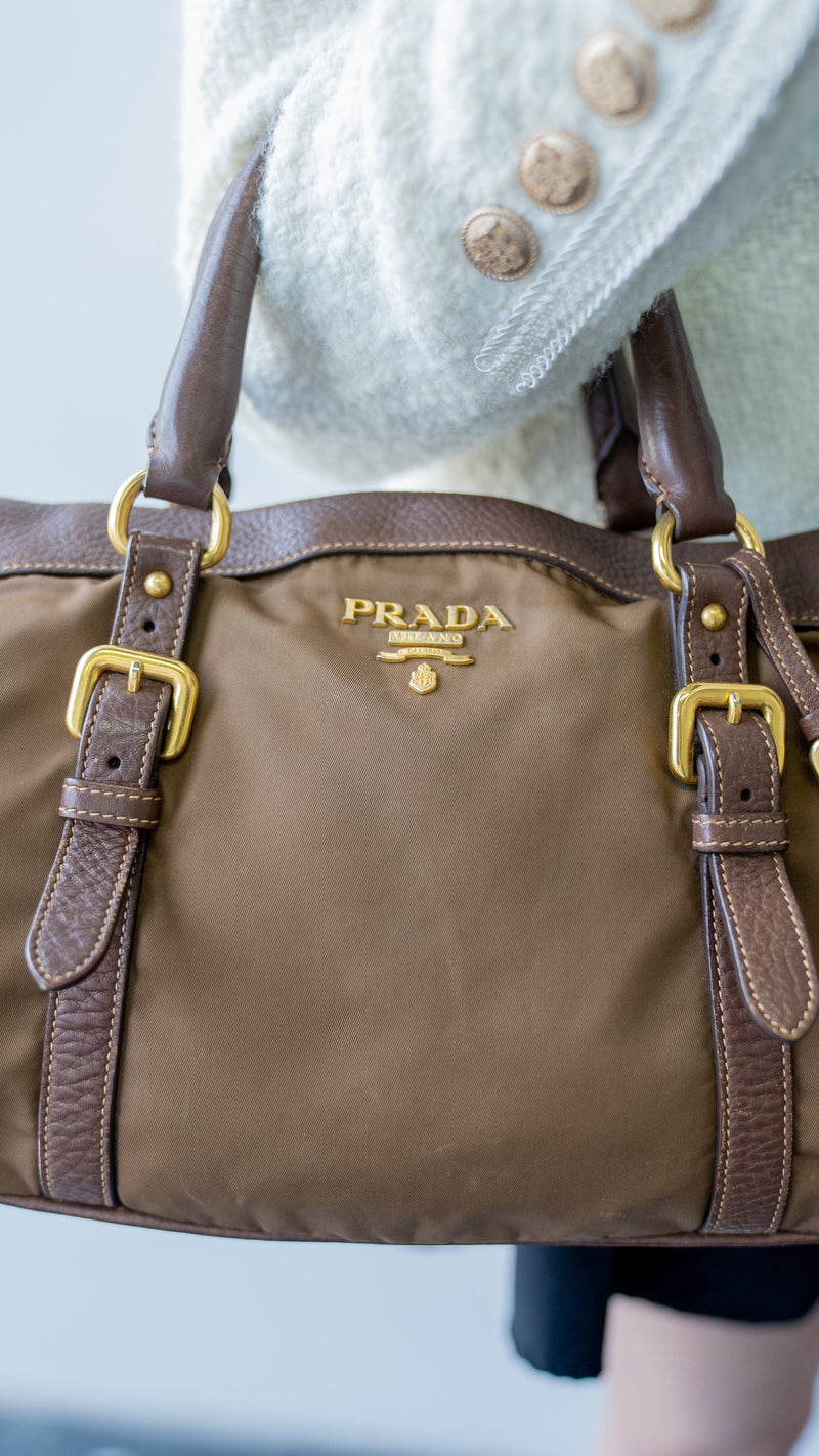 Prada Bowling Bag Brown Nylon GHW SKL1076 – LuxuryPromise