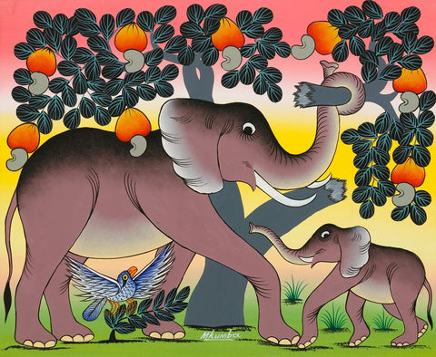 african painting of elephants and trees