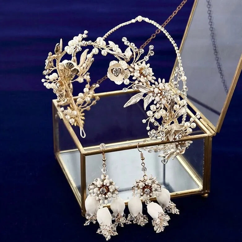 "Gardenia" - Gold Pearl and Crystal Bridal Headband with Matching Earrings