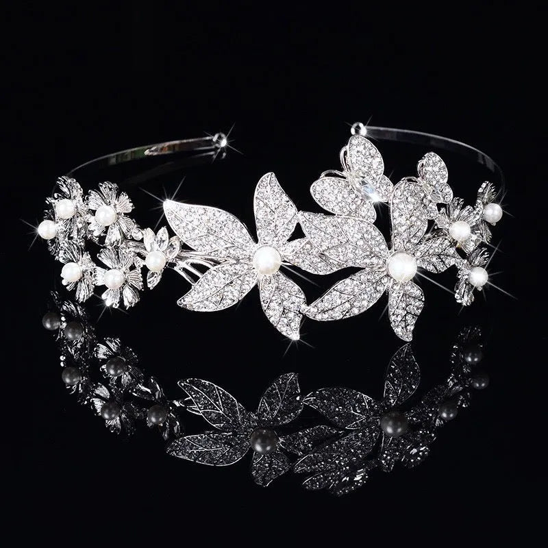 Aleah Silver Pearl and Crystal Bridal Side Headband Tiara