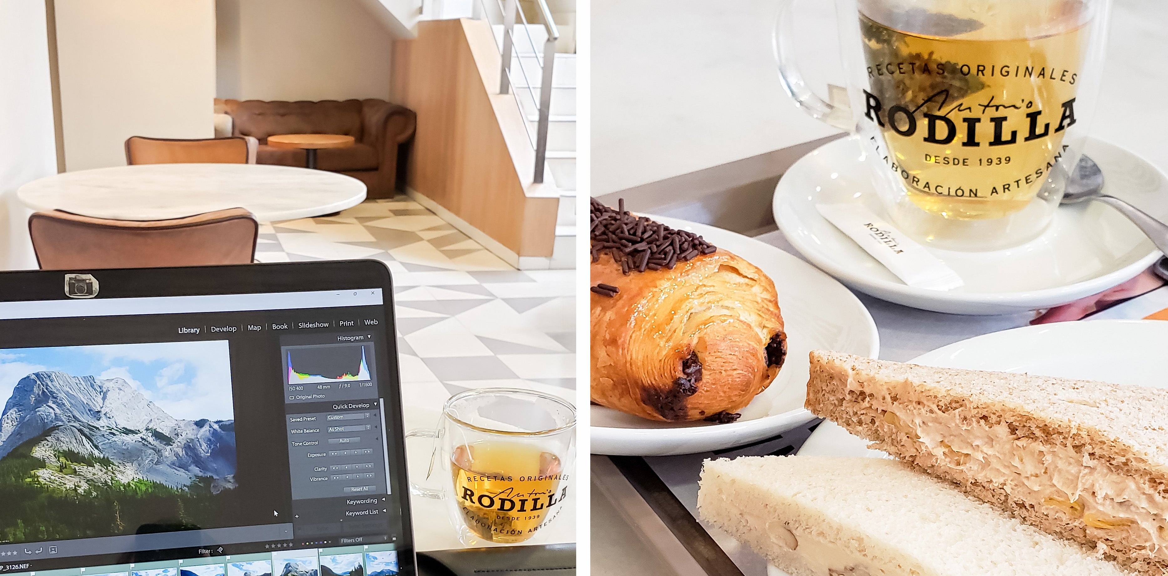 two photos, on the left is a laptop beside a tea, on the right is a tea beside a pastry and sandwich