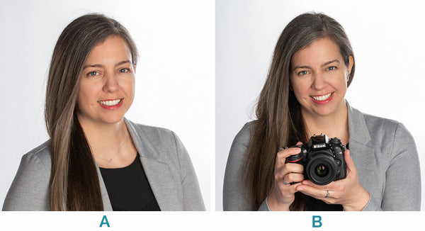 two images, the left has a woman in a grey blazer smiling at the camera, the right has the same woman in a different pos facing the camera and holding a camera in her hands.