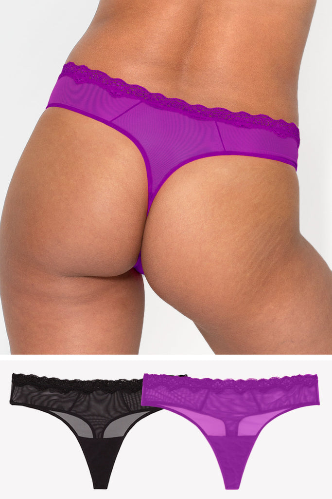 Cotton Essentials Lace-Trim Thong Panty in Purple