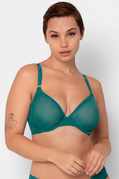 Sheer Mesh Full Coverage Unlined Underwire Bra - Saffron