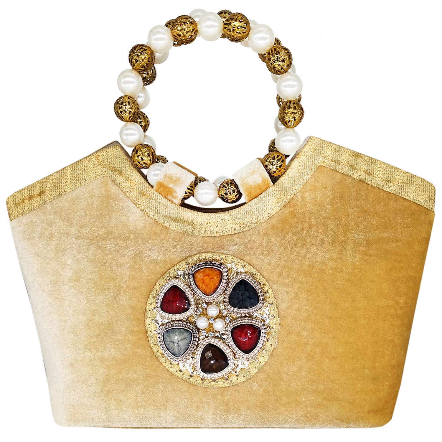 Beads Pearls Gemstone and Diamond Studded Velvet Ethnic  Handbag - Bagaholics Gift 