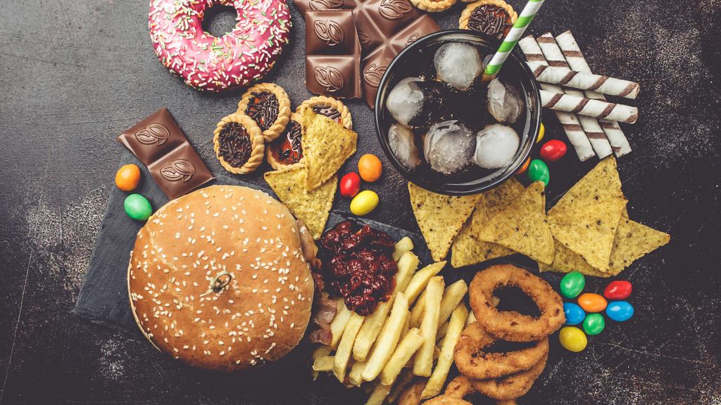 Unhealthy food (bugers, donuts, chocolate, cookies, fries, chips)