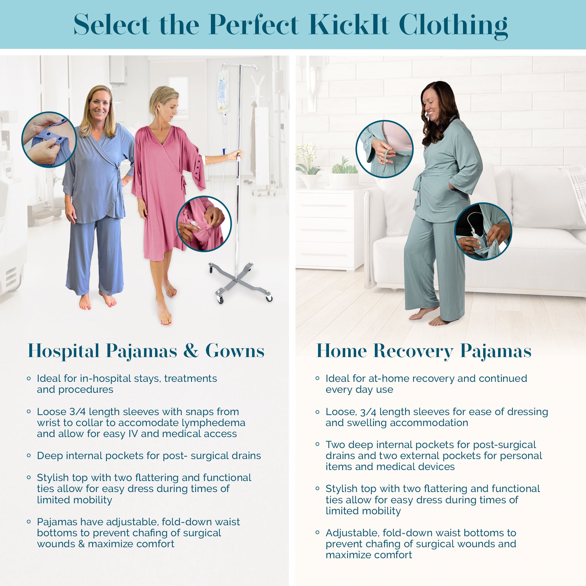 Selecting the perfect clothing for where you are on your cancer journey we sell hospital gowns and pajamas with snap sleeves for ivs and chemo ports and also mastectomy pajamas with internal drain pockets and adjustable waistbands for surgical wounds