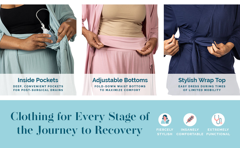 Hospital Pajamas and Hospital Gowns are ideal for hospital stays, treatments and procedures with snap sleeves. Also have internal pockets like home recovery pajamas. All pajamas have adjustable waistband  Uniquely designed with the patient in mind with snap sleeves for easy access to ports, picc lines and interior pockets for surgical drains.  KickIt products are founded in solutions for patient needs