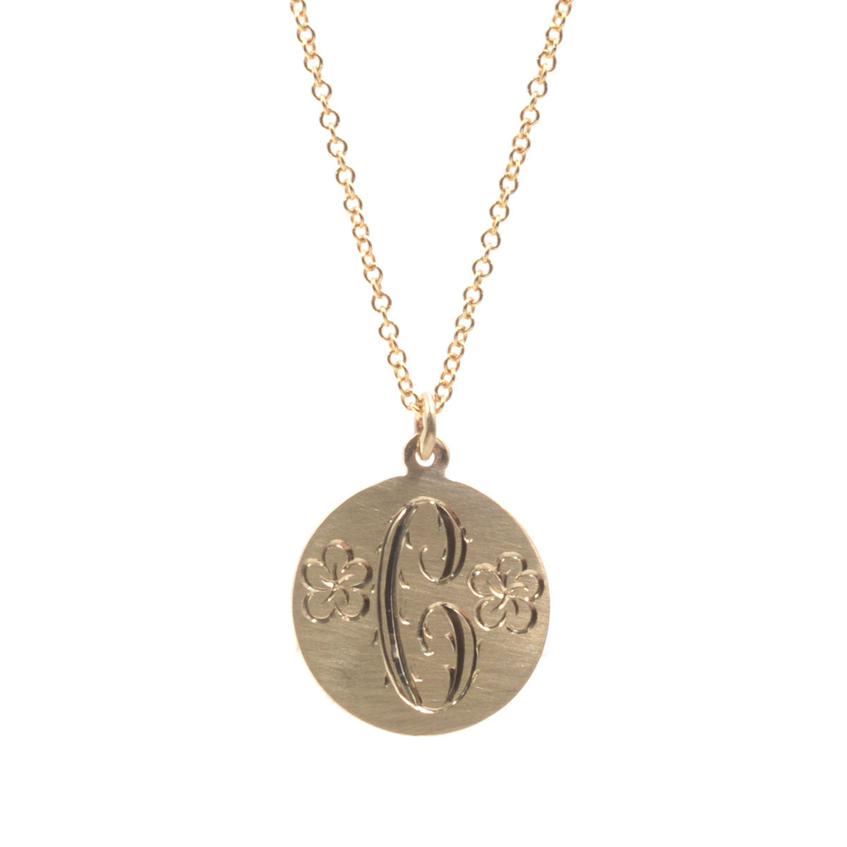 Floral Hand Engraved Initial Necklace Charm Pendant Signet