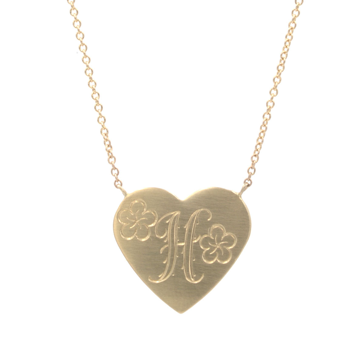 Floral Hand Engraved initials Signet Monogram Heart Necklace Charm Pendant 14K Rose Gold / Front Side Only