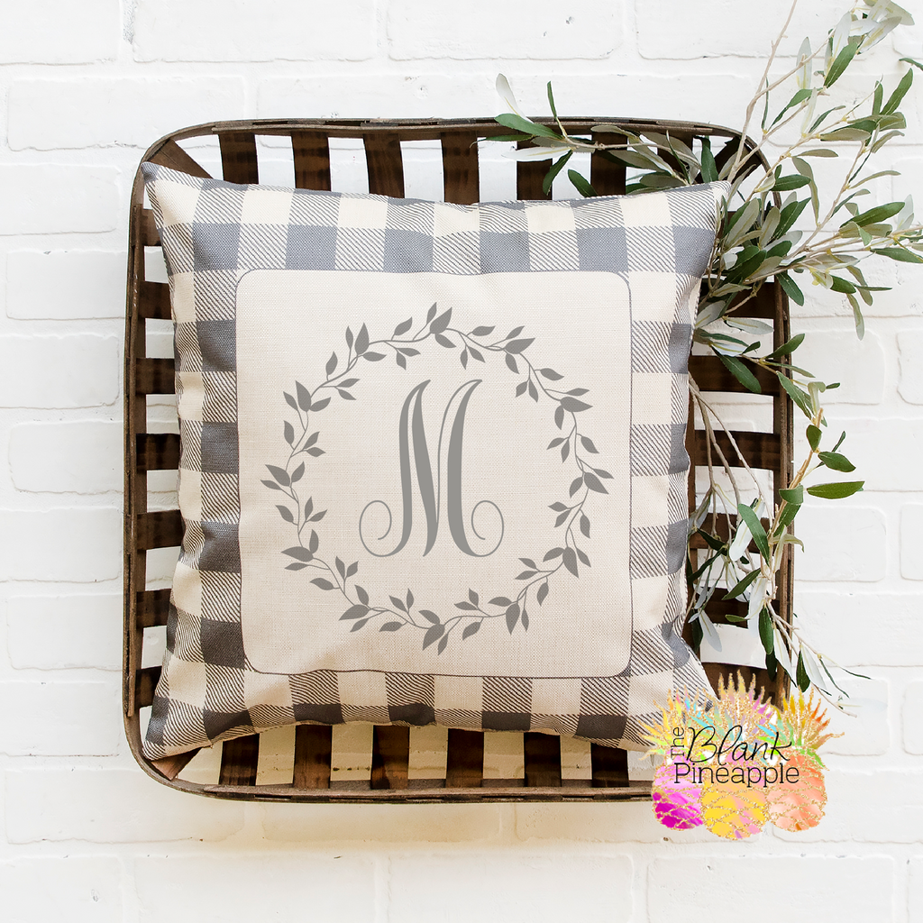 White & Blue Plaid-Border Monogram Decorative Pillow