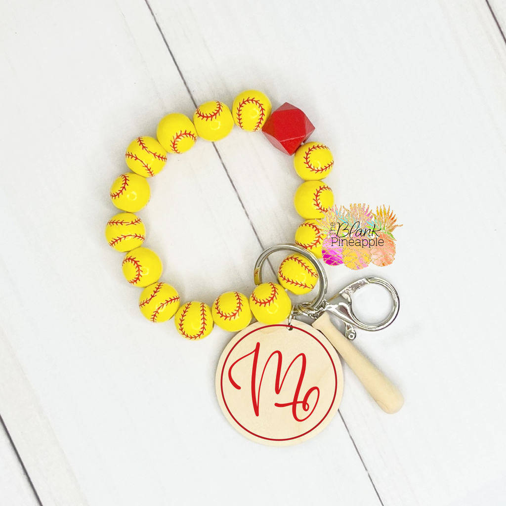 Baseball Bracelet Beaded with 2 inch Wood Disc for Monograms