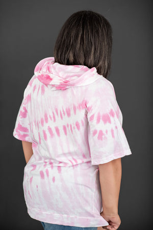 Sew In Love Watching Clouds Full Size Run Tie-Dye Short-Sleeved Hoodie in Neon Pink