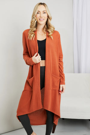 Jade By Jane Full Size Open Front Duster Cardigan with Pockets in Rust
