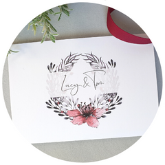 Black floral wreath and burgundy flower A6 Poppleberry wedding invitation