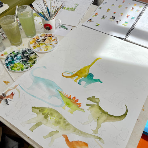 watercolour dinosaur illustrations work in progress