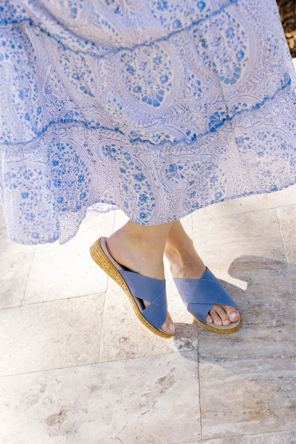 blue slip on sandals