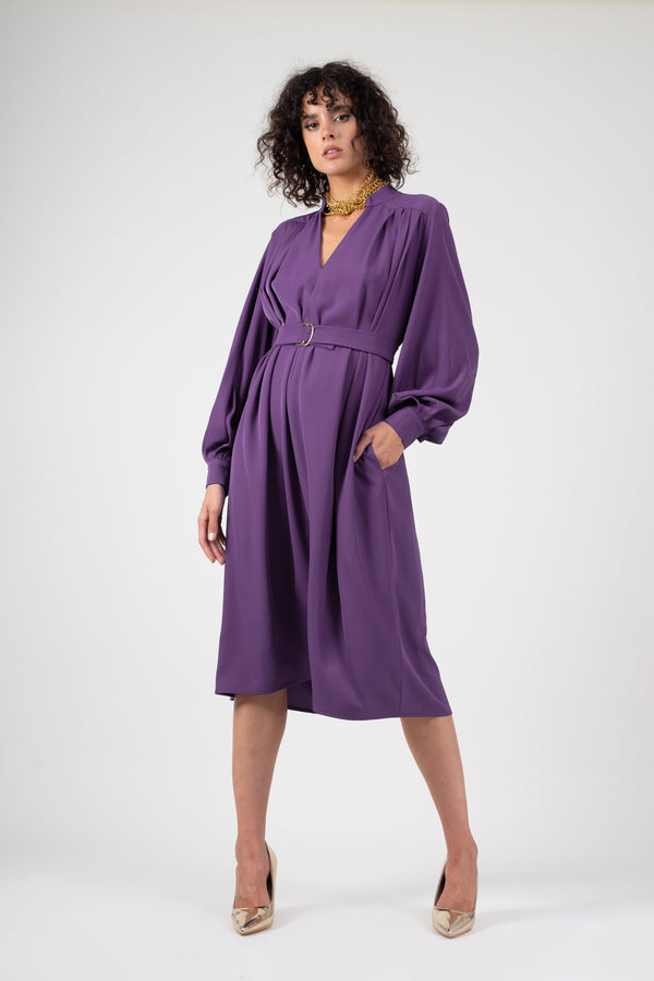 Deep purple dress with raglan sleeve and pleats – Bluzat