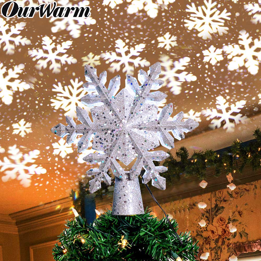 Ourwarm Christmas Tree Topper Lighted With Led Rotating Silver Snowfla