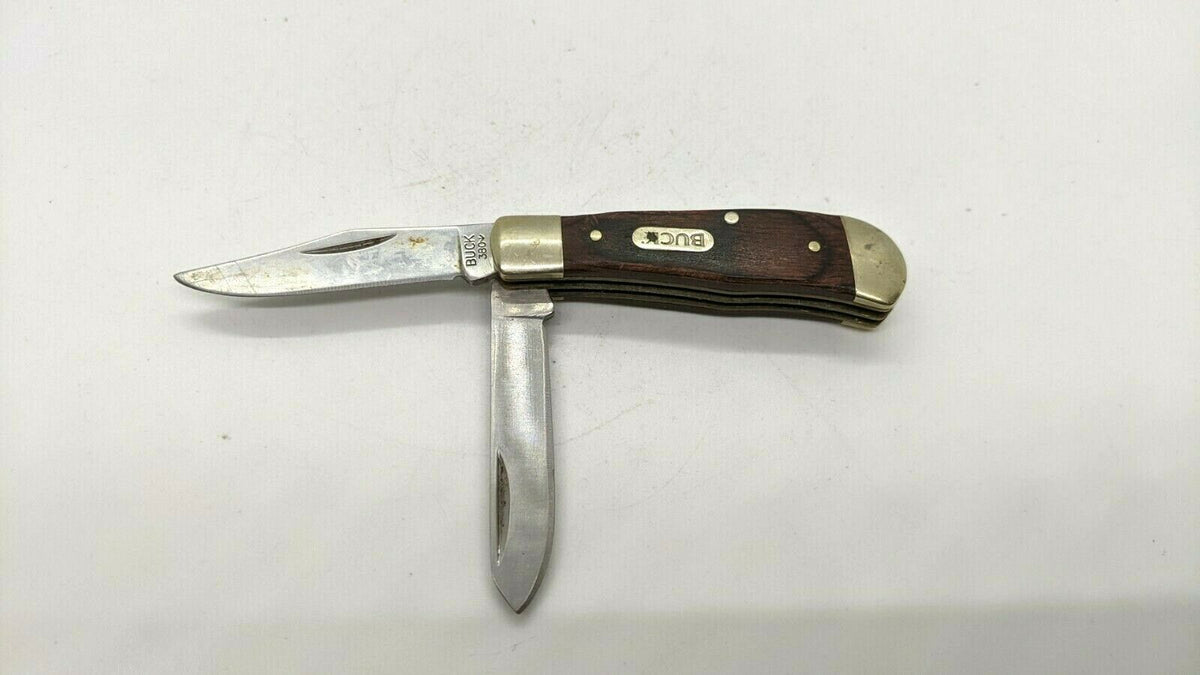 Buick 380 USA 2 Blade Trapper Folding Pocket Knife 3 Pin Wood Handle S ...