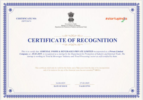 Certificate of Recognition as StartUp in Food & Beverages Industry by Government of India