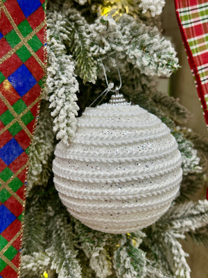 4 Inch White With Silver Glitter Ball Ornament - TMIGifts