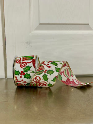 2.5 Inch By 10 Yard Poinsettia And Ornaments Ribbon - TMIGifts