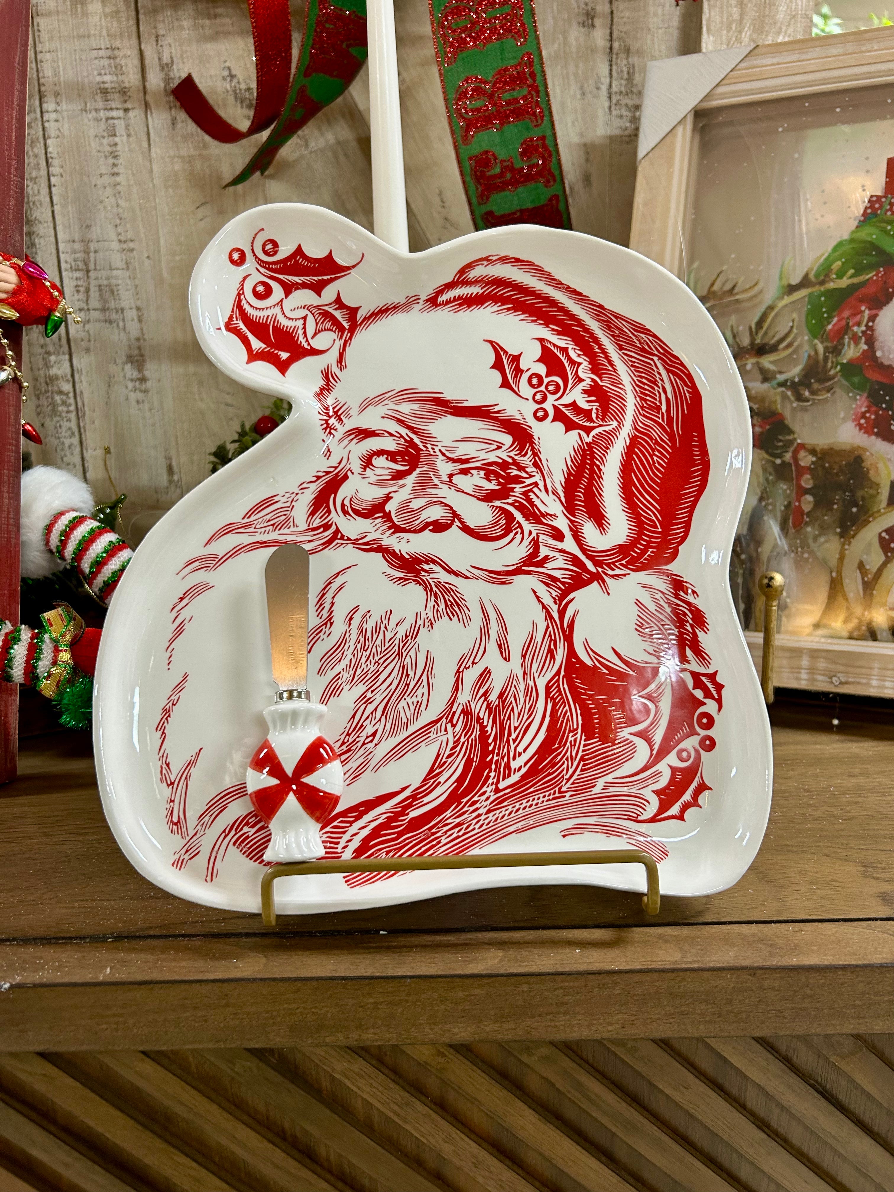 10 Inch Ceramic Sugar And Stripes Santa Platter With Spreader