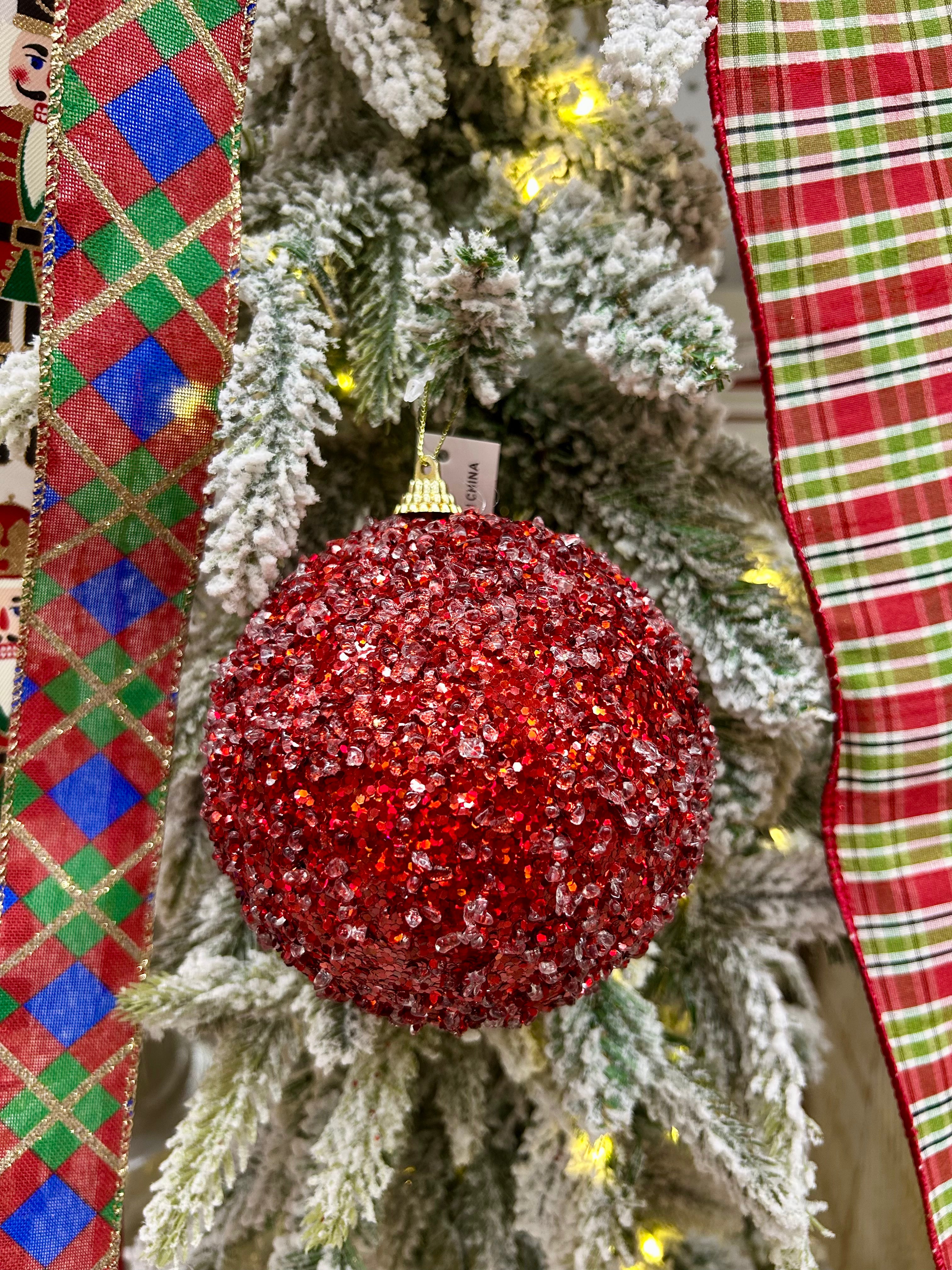 5 Inch Red Bead And Sequin Ball Ornament
