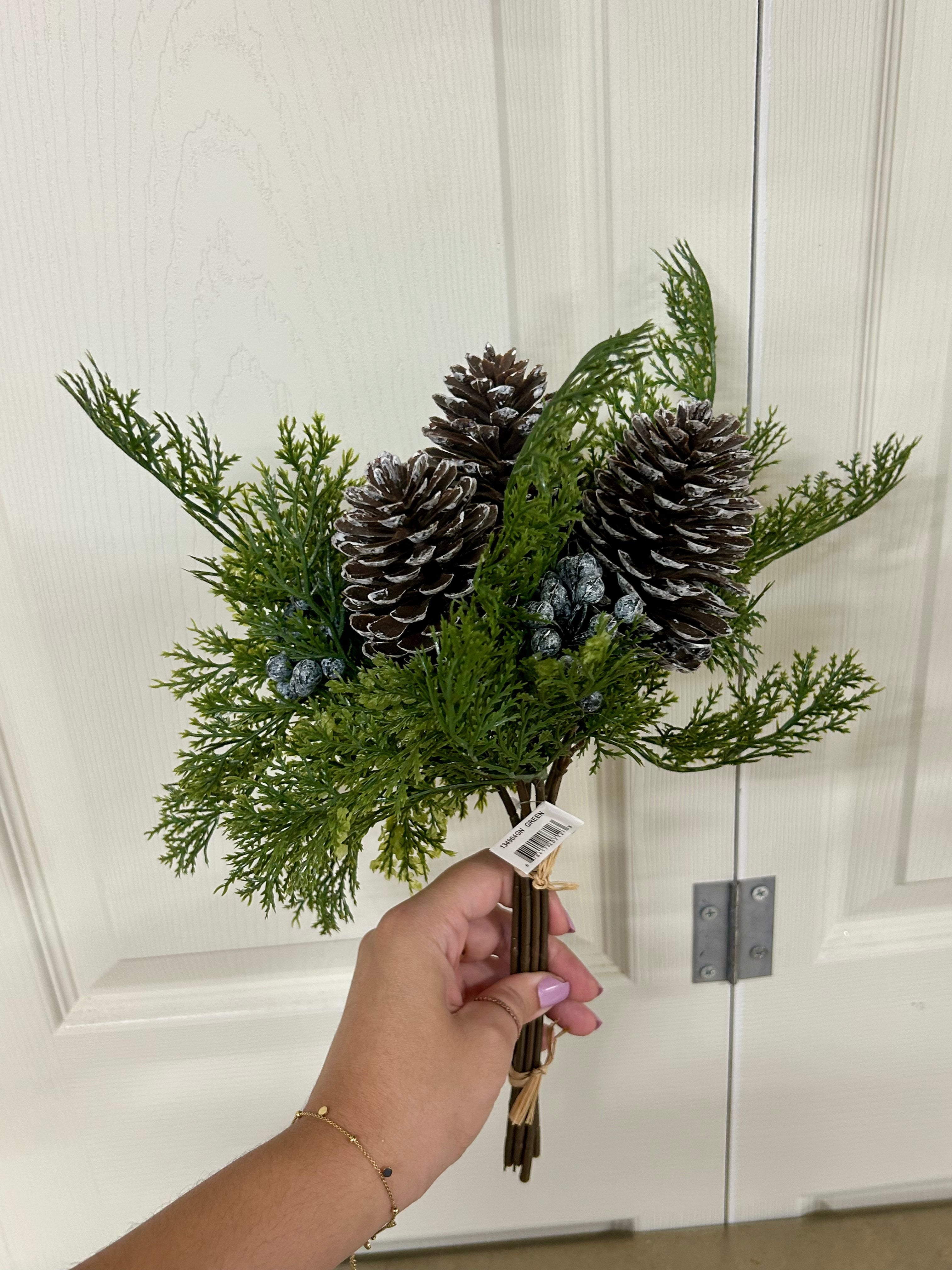 13 Inch Green Cedar Berry Pinecone Bundle