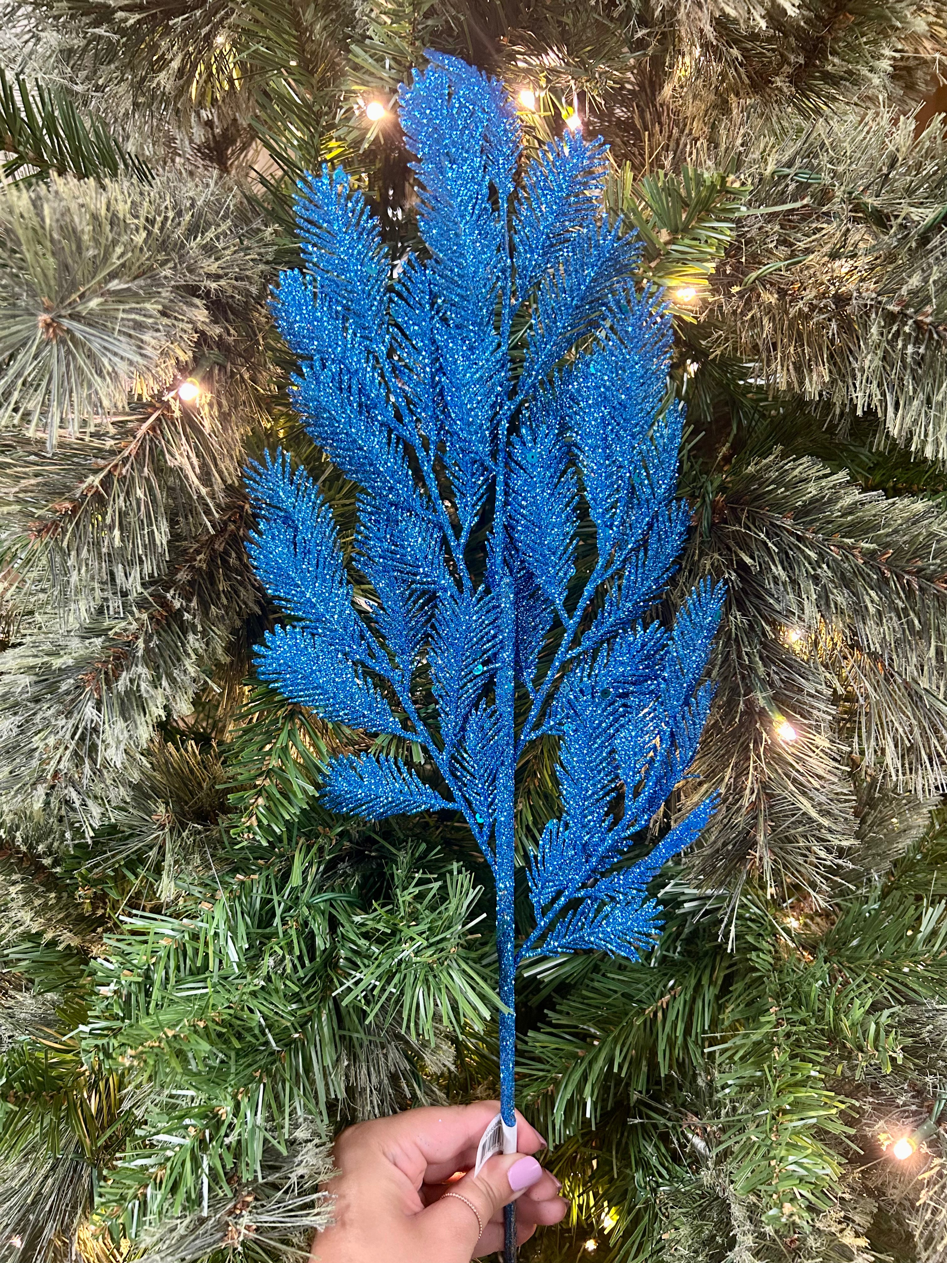 24 Inch Blue Glitter Sequin Peacock Fern Spray