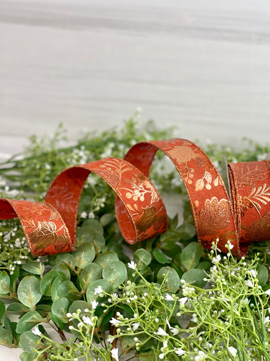 2.5 inch by 10 Yard Autumn and Gold Deluxe Wavy Floral Ribbon