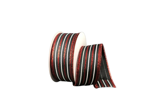 1.5 Inch Black With Red Glittered White Stripes Ribbon