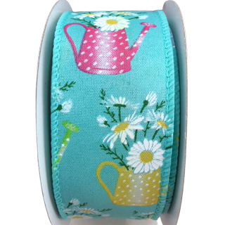 1.5 Inch X 10 Yard Aqua Satin With Watering Cans Wired Ribbon