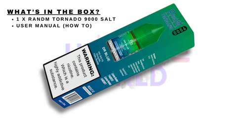 Dr Blue RandM Tornado 9000 Nic Salt What's In The Box Image - UK Vape World