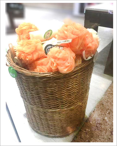 Wicker basket at The Body Shop for loofah display