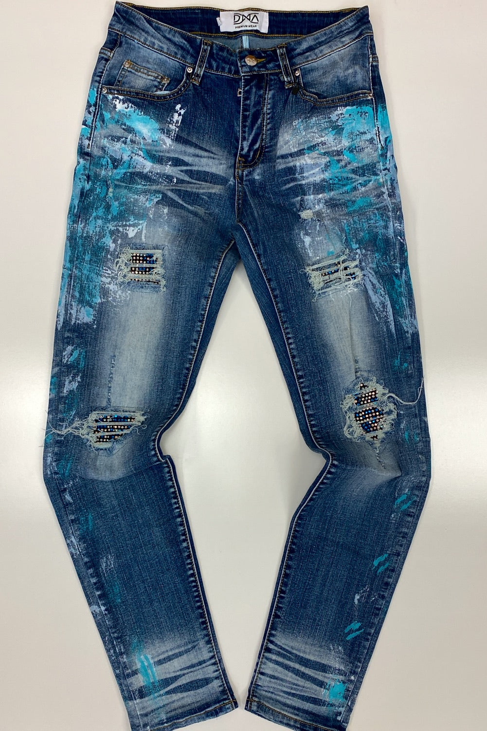 Dna Premium Wear- studded color patch jeans w/ blue and white paint ...
