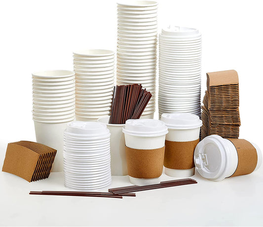 Jolly Party Disposable Coffee Cups with Lids, Sleeves and Straws - 16oz(100 Pack) Paper Coffee Cups with Lids, Durable, BPA Free Hot Coffee Cups for