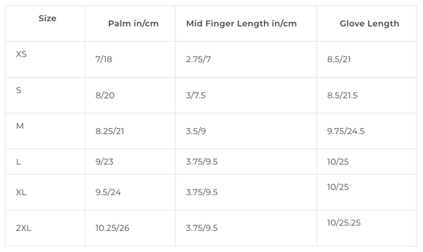 size guide boston gloves