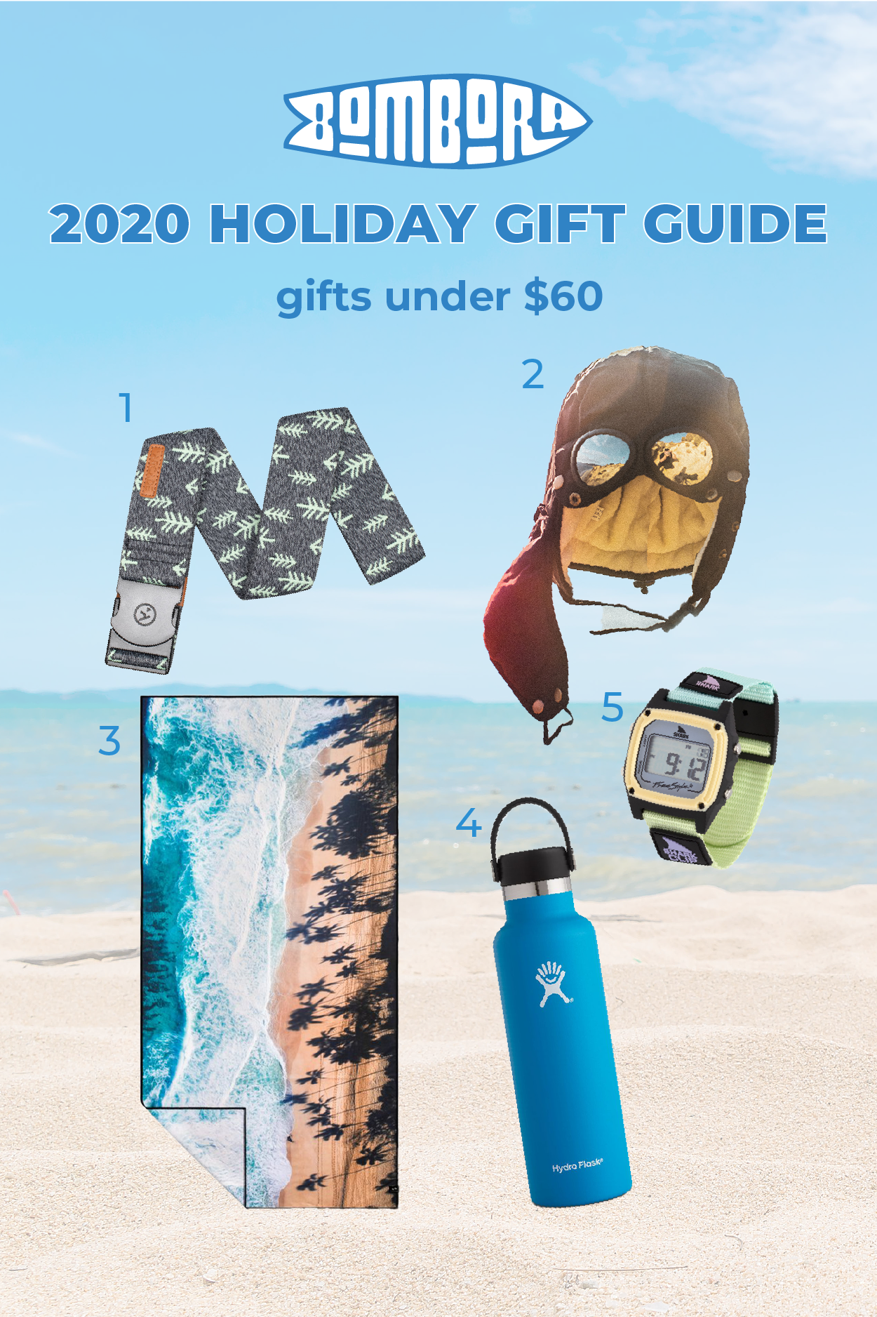 Holiday gift guide 2020 gifts under $60. Arcade belt. Gimbal God Funguy hat. Slowtide quick dry travel towel. Hydroflask water bottle. Freestyle Shark classic Y2k clip watch.