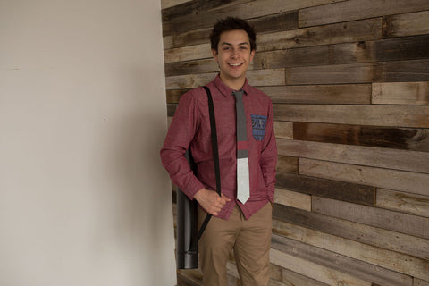 Stera stripe maroon necktie with a maroon shirt with tribal Aztec print pocket, for unique mens formal wedding wear ideas