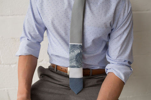 Cloudy Palms Bombora skinny mens neck tie, navy blue and gray with palm tree fronds