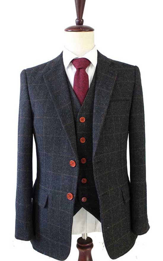 BLACK OVERCHECK PLAID TWEED 3 PIECE SUIT